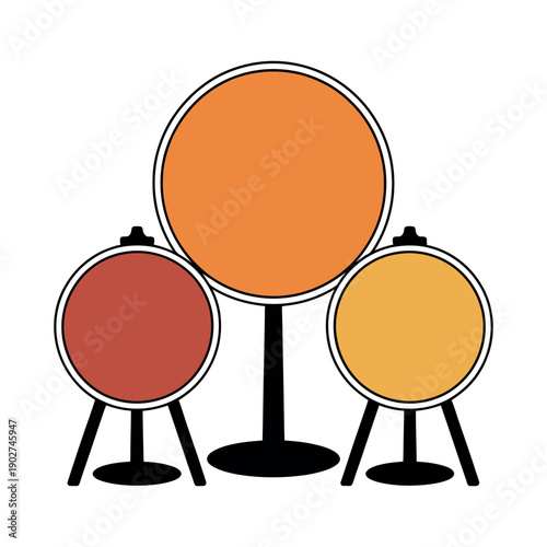 A colorful illustration of three round speakers on stands against a white background
