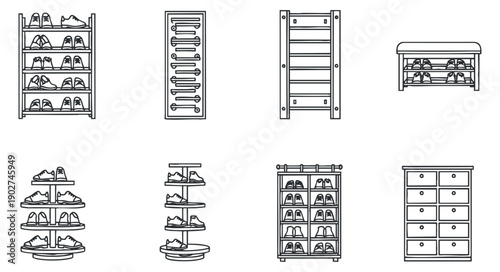 A collection of various shoe racks and storage shelves in minimalist outline vector style, ideal for home organization and interior design