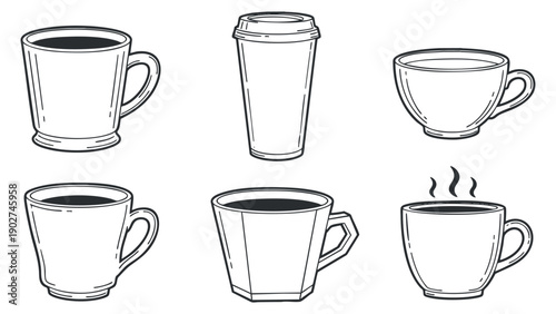 A set of various coffee cups and mugs in black and white outline vector style, perfect for cafe branding and menu design