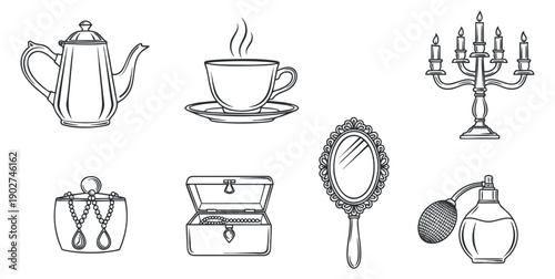 A collection of vintage home decor elements including a teapot, cup, chandelier, mirror, jewelry box, and perfume bottle in outline style, perfect for elegant design projects