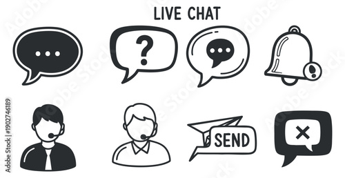 A set of live chat icons including speech bubbles, question mark, notification bell, and send button in minimalist vector style, ideal for customer support applications