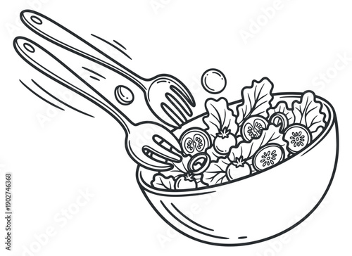 A bowl of fresh salad with vegetables and forks in a black and white outline vector style, suitable for healthy food branding