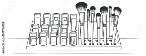 A collection of makeup brushes and cosmetic containers in a minimalist black and white outline vector style, ideal for beauty industry branding