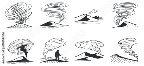A collection of volcano eruption icons featuring smoke and ash in black and white minimalist vector style, perfect for educational materials and environmental design
