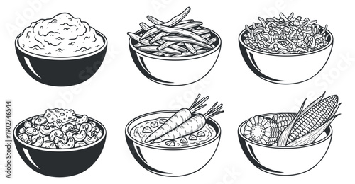 A collection of bowls with rice, noodles, carrots, corn, and mixed vegetables in black and white outline vector style, perfect for menus or food-related graphics