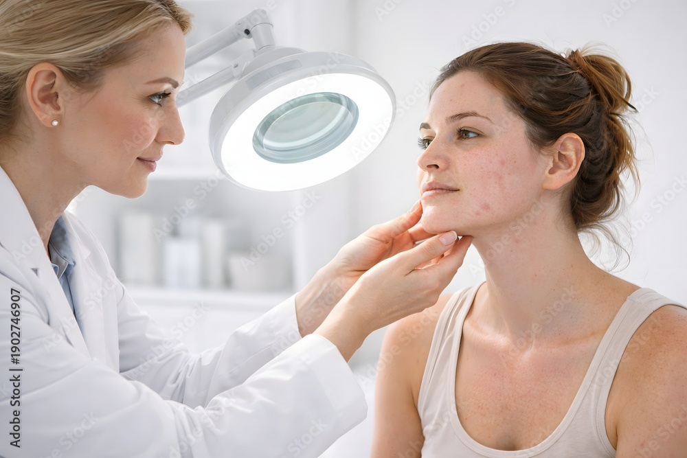 Obraz premium Female dermatologist examines a young woman with acne prone skin during a facial consultation under a magnifying lamp