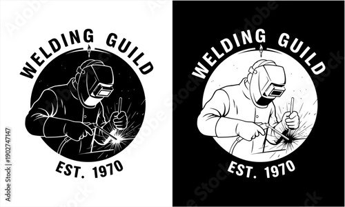 Welder in protective gear performing welding work, vintage style illustration.