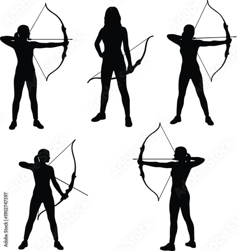 Black silhouette collection of female archer holding longbow and aiming arrow in various poses, professional archery athlete training isolated on white background set
