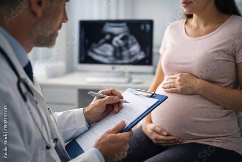 Wallpaper Mural Pregnant woman at medical appointment with doctor reviewing ultrasound results Torontodigital.ca