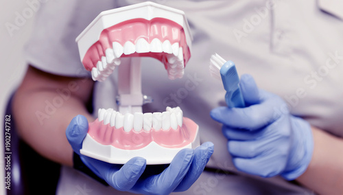 Vászonkép Dental professional demonstrates proper brushing technique using a model of huma