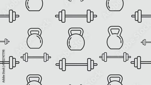 Seamless fitness pattern featuring minimalist outline gym equipment like dumbbells and kettlebells on a light gray background for active lifestyle designs