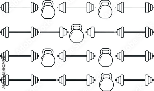 Seamless pattern featuring outline fitness barbells and kettlebells creating a dynamic gym workout background illustration