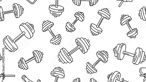 Seamless pattern featuring various hand drawn line art dumbbells on a clean white background for fitness and workout themes