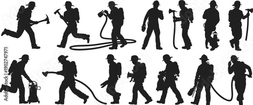 Black silhouette set of professional firefighters in various rescue poses, emergency service workers with axes and hoses isolated on white background for graphic design