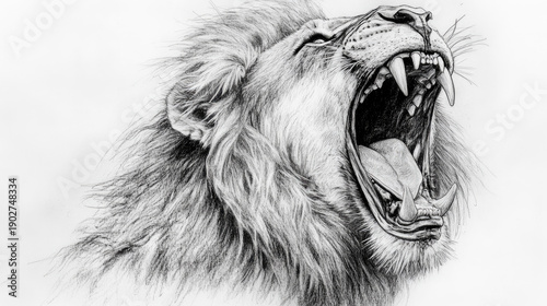 A detailed pencil drawing of a roaring lion. The lion's mouth is wide open, showcasing sharp teeth and a powerful roar, the mane is magnificent  AI Generative