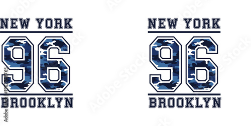New York Brooklyn 96 Varsity Athletic Typography Vector, Blue Camo Streetwear T-Shirt Design