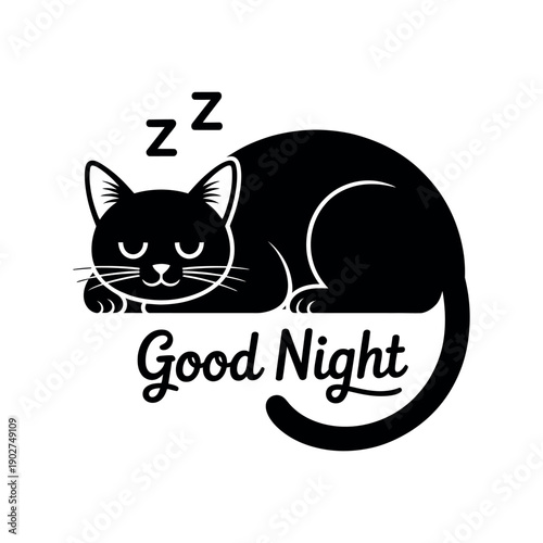 A black cat sleeping peacefully with a good night message