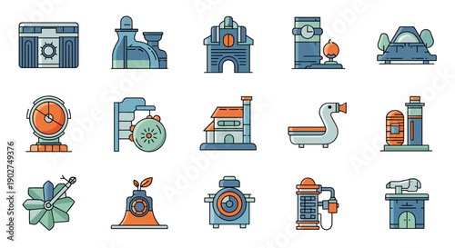 A set of industrial icons in a flat design style on a