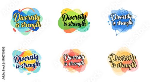 A vibrant illustration of diverse speech bubbles with the phrase 'Diversity is strength' in a modern design