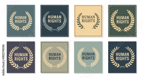 A set of eight human rights icons in various colors and designs on a