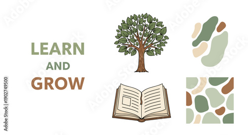 A colorful vector graphic illustration of a tree, book, and footprints with the words Learn and Grow