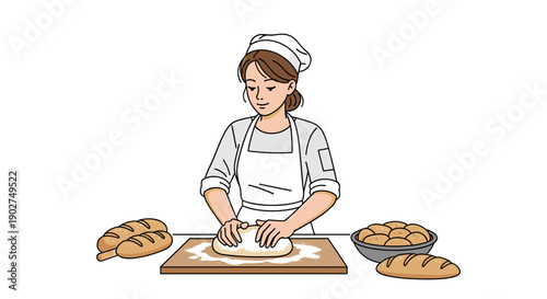 A cartoon baker kneading dough on a floured surface with bread and pastries nearby