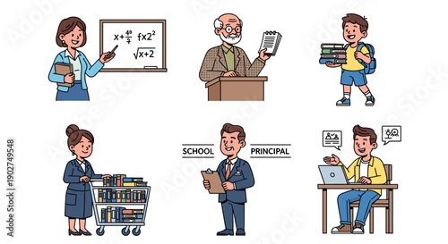 A colorful vector illustration of various school staff members in a modern educational setting