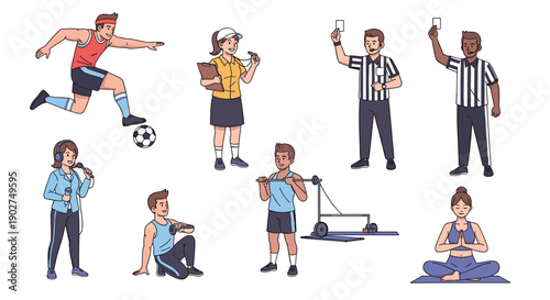 A colorful vector graphic illustration of various sports officials and athletes in action poses