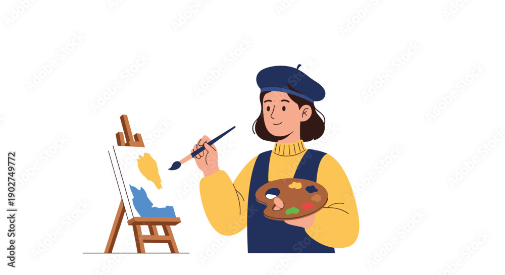 Fototapeta premium A female artist in a blue beret and apron painting on an easel with a vibrant palette