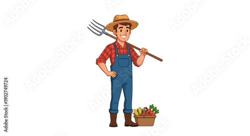 A cartoon farmer standing with a pitchfork and a basket of vegetables in a simple illustration