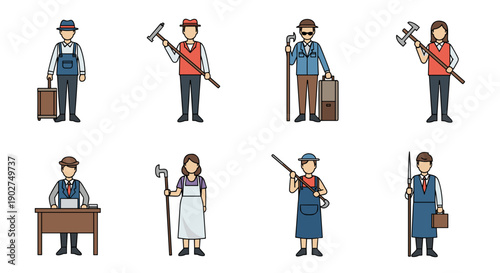 A set of eight flat vector illustrations depicting various construction workers and laborers in different professions