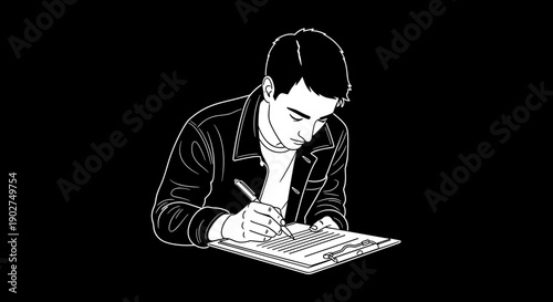 A minimalist vector illustration of a man writing on a piece of paper with a pen