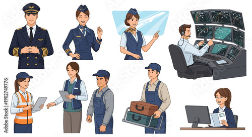 A set of vector illustrations depicting various airline and airport staff in different roles and uniforms