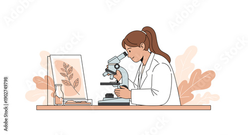 A scientist examining a specimen under a microscope in a laboratory setting with a computer