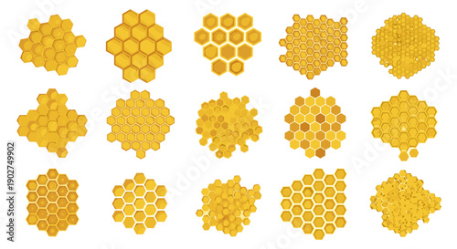 A collection of yellow honeycomb patterns in various shapes and designs on a