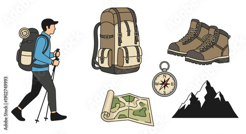 A vector graphic illustration of hiking and camping equipment with a hiker in a blue jacket