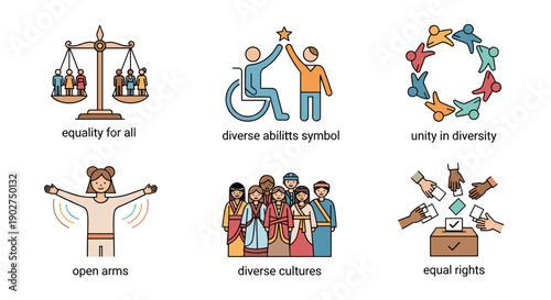 A set of six colorful vector icons representing equality, diversity, and human rights