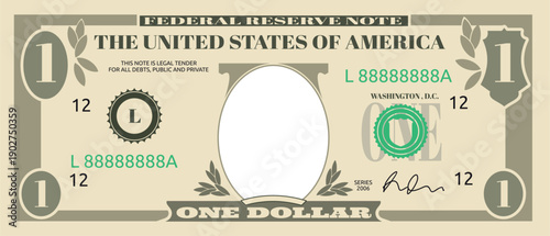 Dollar banknote with blank president frame. Bill template
