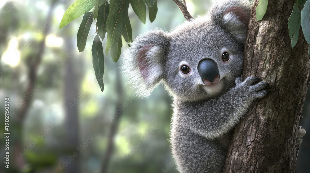 Fototapeta premium A charming koala clings to a tree branch, looking adorable AI Generative