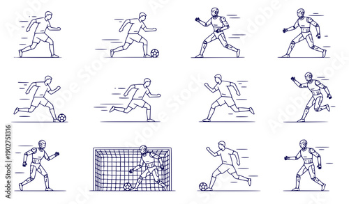 Soccer Players and Robots in Action, Dynamic Line Art Football Vector Illustration