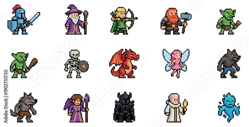Pixel art fantasy rpg game characters set. Isolated vector 8-bit heroes and monsters including knight wizard elf and dragon on white background.
