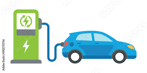 Electric Car Charging at Green Station Flat Vector Illustration