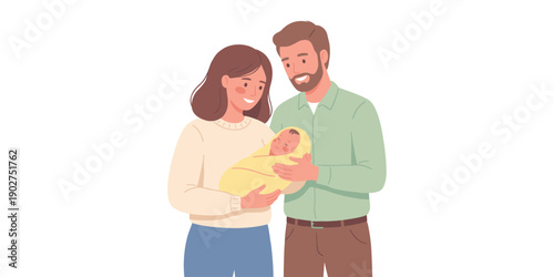 Happy Parents Holding Newborn Baby Flat Vector Illustration