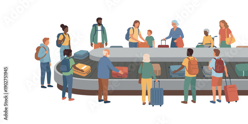 Diverse Travelers Waiting for Luggage at Airport Baggage Claim Conveyor Belt