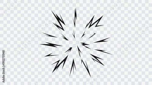 Abstract radial lightning explosion with sharp dynamic spikes on a transparent background. Powerful energy burst effect for comic design, video games, motion graphics, posters, and visual effects.