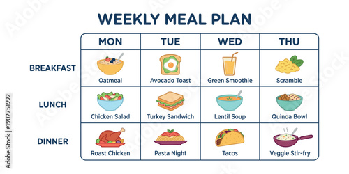 Weekly Meal Plan Chart with Food Illustrations for Healthy Diet