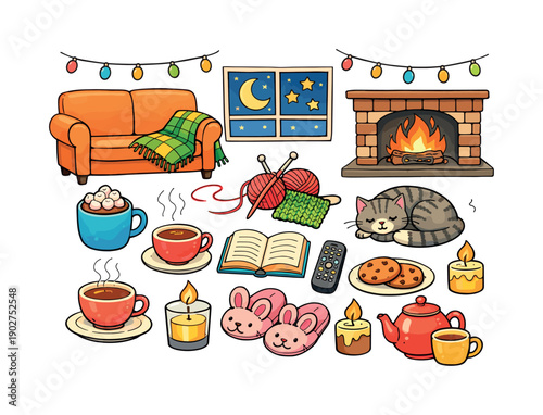 Cozy Home Essentials Flat Icon Set. Featuring sofa, fireplace, knitting, cat, tea, candles, book, and cookies