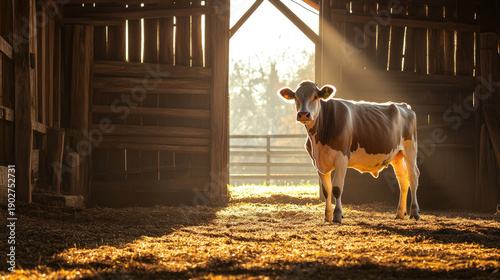 A cow standing in the barn illuminated by sunlight AI Generative