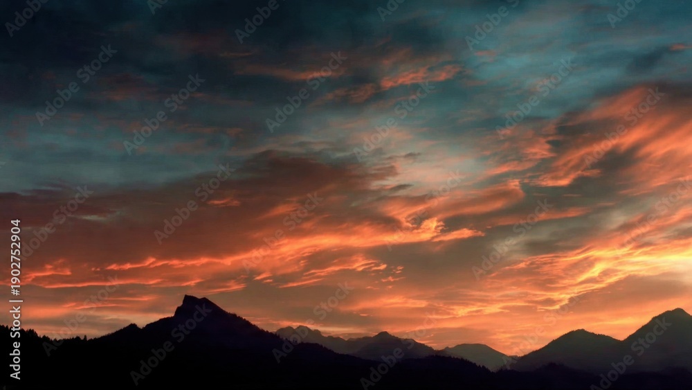 Fototapeta premium Fiery sunset over mountain range silhouette