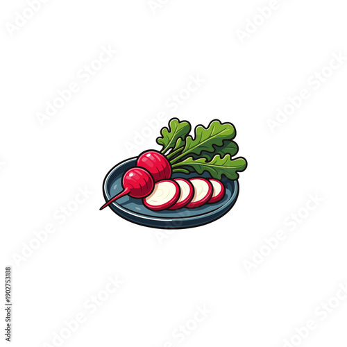 Red Radish with Green Leaves and Sliced Radish on Plate logo icon flat vector design